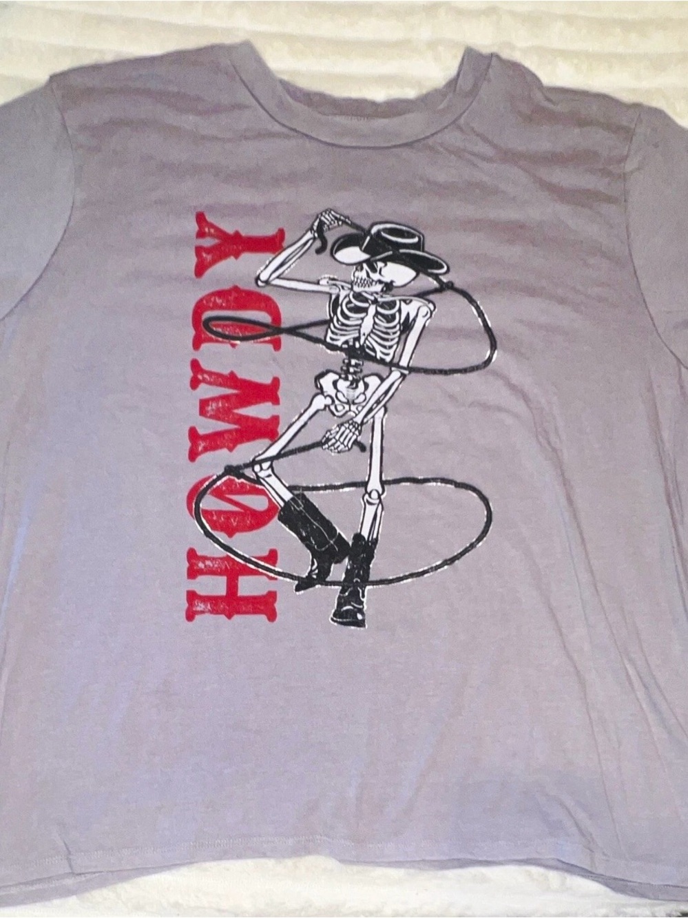 Graphic Skeleton Cowboy Tee in Lavender with Red Print